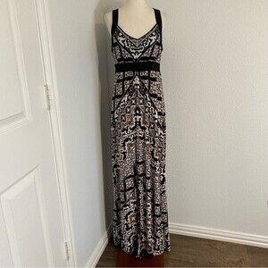 WHBM Maxi Dress Black Tan Luxury Fabric Sleeveless V Neck Empire Sexy Size S